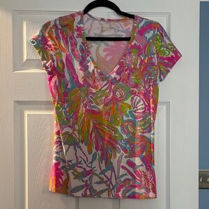 Lilly Pulitzer Pink and Orange Floral V-Neck Tee
